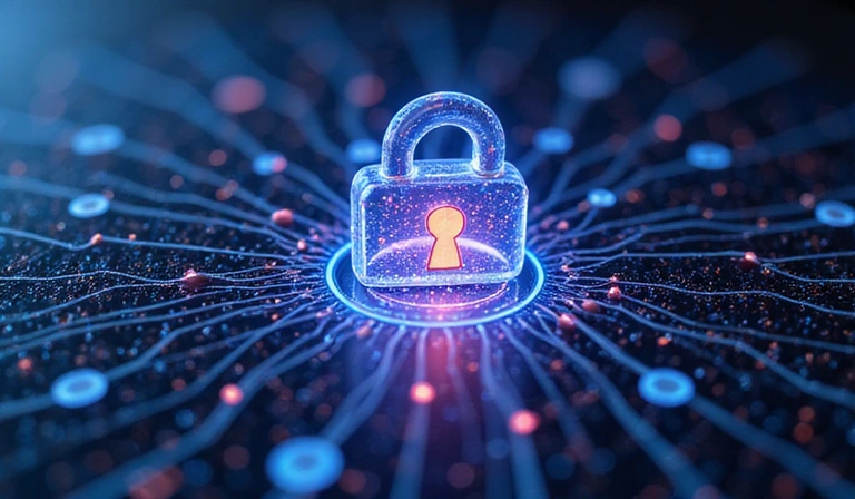 Image representing data privacy and security with a padlock icon over digital data